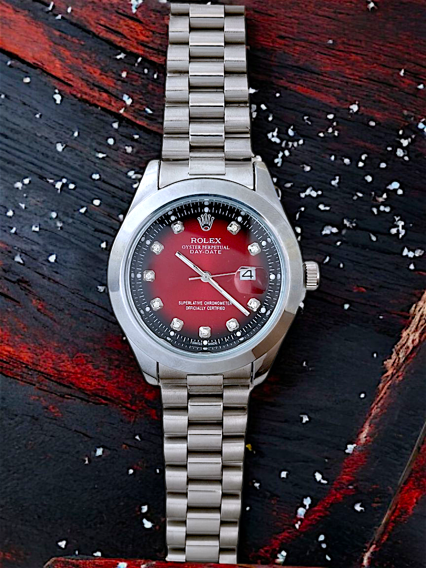 Silver R-Branded Red Dial Chain Watch For Men