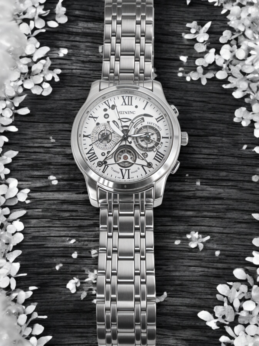 Sterling Silver Semi-Skeleton Chain Watch For Men