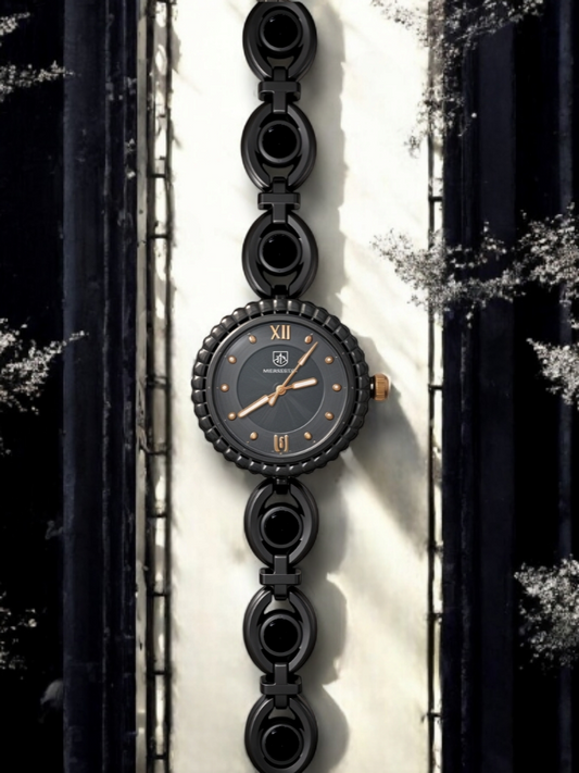 Raven Black Wrist Watch With Black Gem Stones For Women