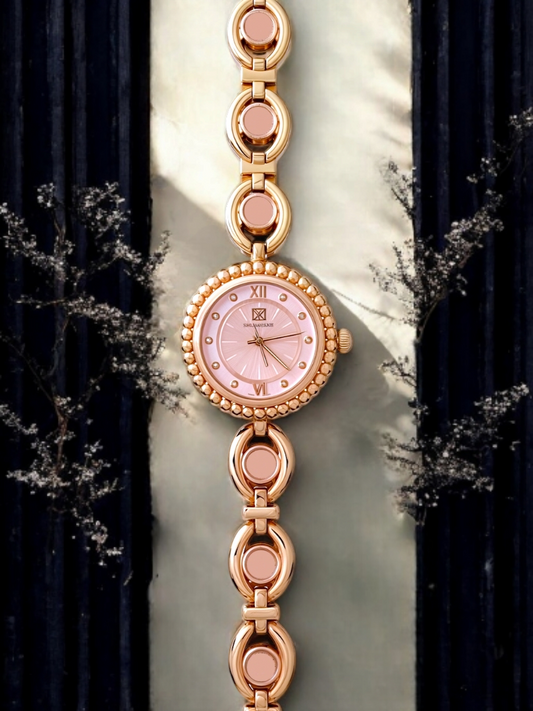 Blush Rose Gold Wrist Watch With Pink Gem Stones For Women