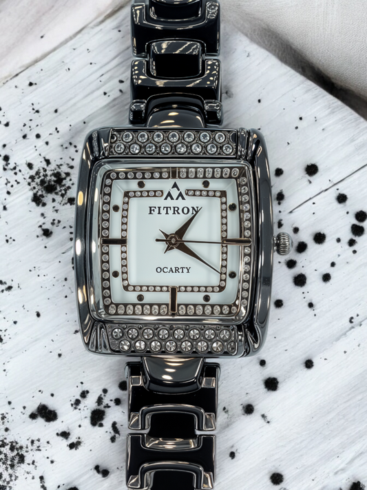 Noir Black Diamond-Embellished Square Dial Watch For Women