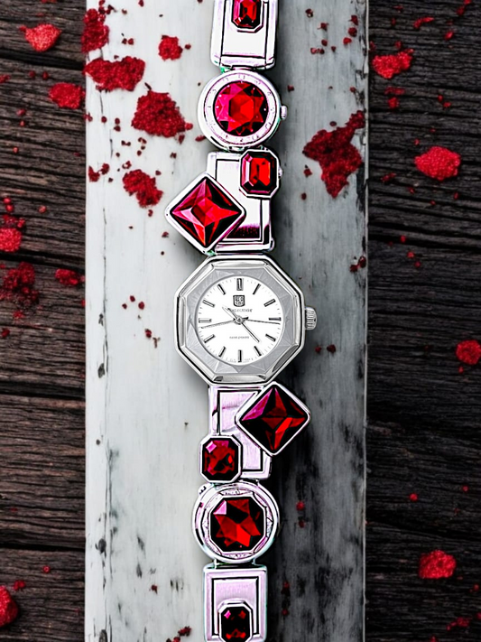 Sterling Silver Hex Watch With Red Jewels For Women