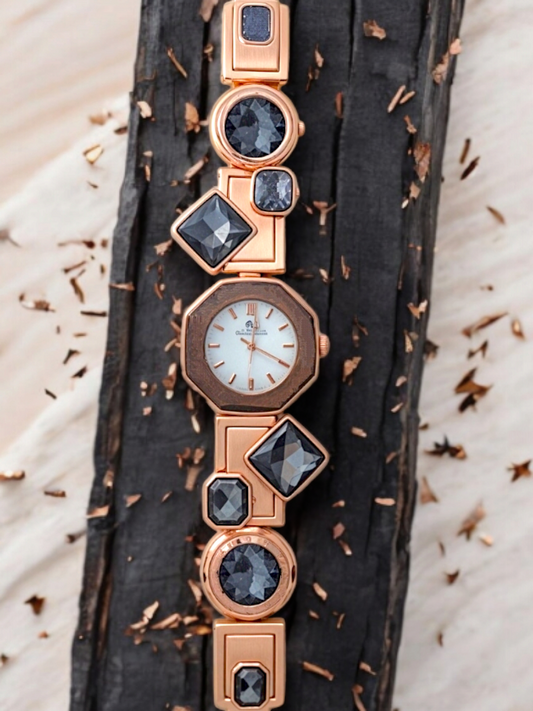 Royal Rose Gold Hex Watch With Black Jewels For Women
