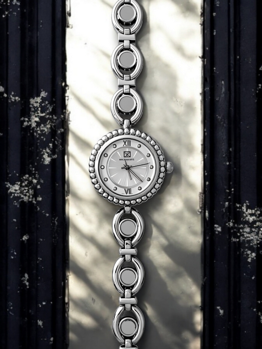 Pearly Silver Wrist Watch With Light Grey Gem Stones For Women