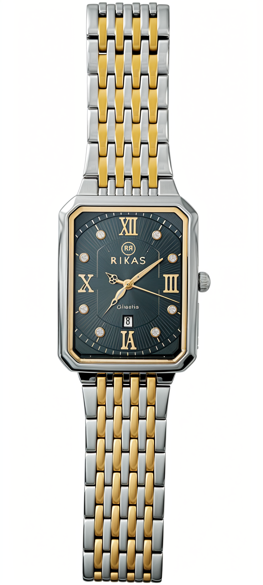 Gold & Silver Black Rectangle Dial Chain Watch For Men