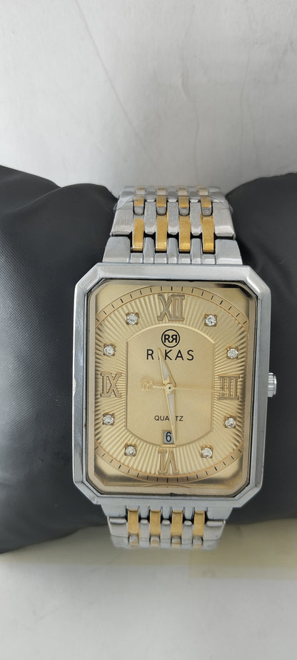 Gold & Silver Gold Rectangle Dial Chain Watch For Men