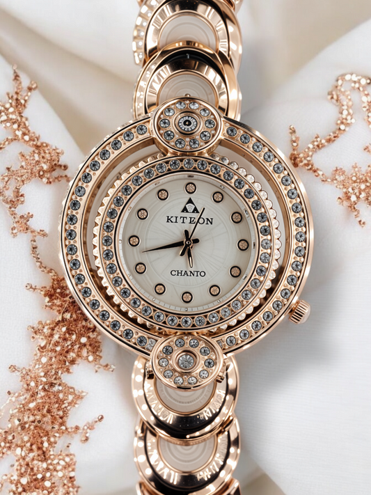 Blush Rose Gold Diamond-Accented Dual Bezel Watch For Women