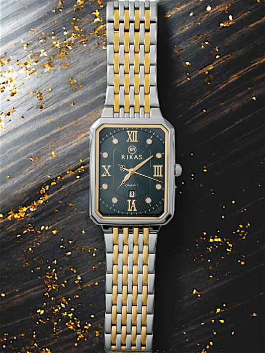 Gold & Silver Black Rectangle Dial Chain Watch For Men