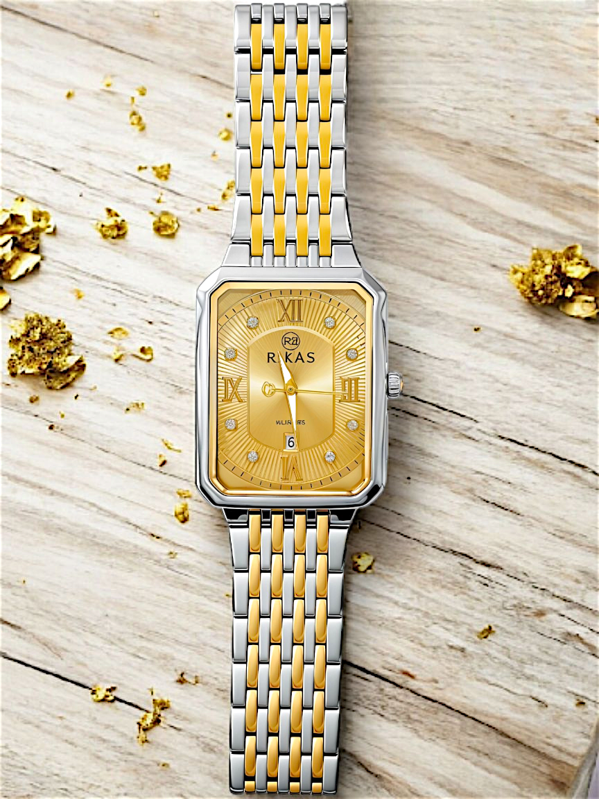 Gold & Silver Gold Rectangle Dial Chain Watch For Men