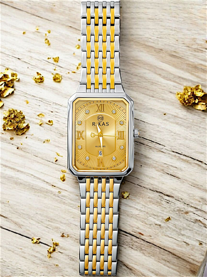 Gold & Silver Gold Rectangle Dial Chain Watch For Men