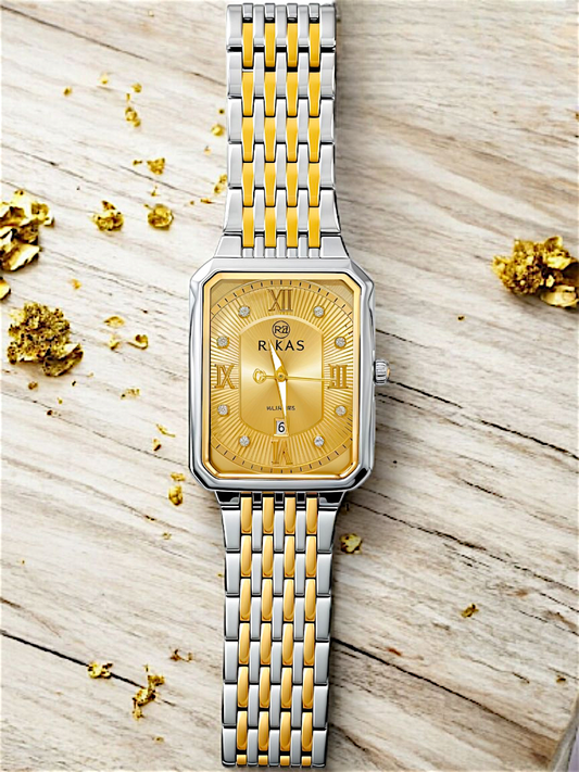 Gold & Silver Gold Rectangle Dial Chain Watch For Men