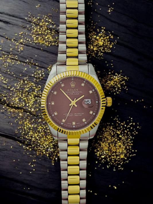Gold & Silver Red Dial R-Branded Watch For Men