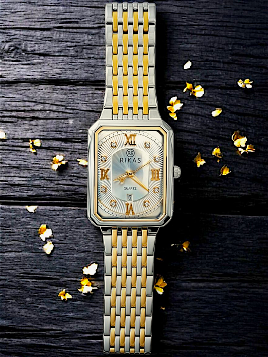 Gold & Silver White Rectangle Dial Chain Watch For Men