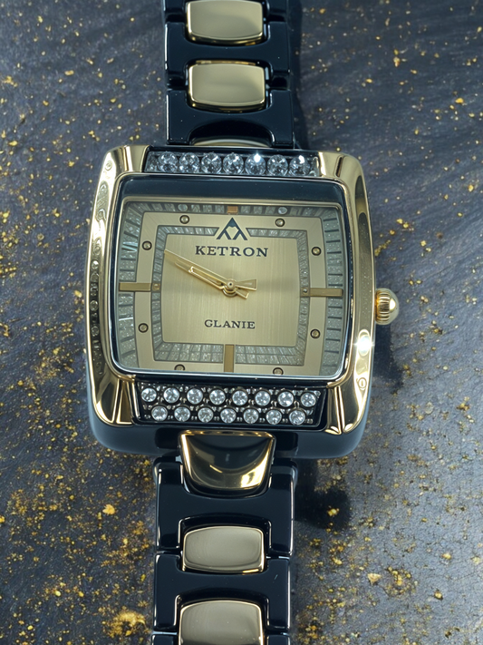 Coal and Gold Diamond-Embellished Square Dial Watch For Women