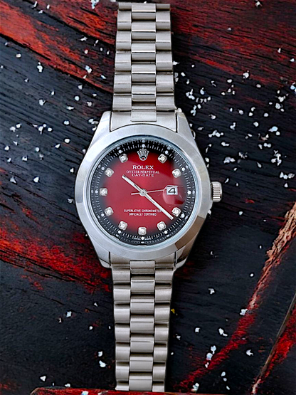 Silver R-Branded Red Dial Chain Watch For Men