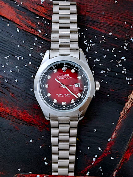 Silver R-Branded Red Dial Chain Watch For Men