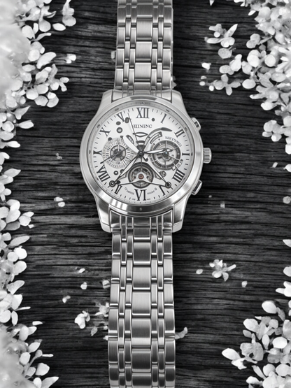 Sterling Silver Semi-Skeleton Chain Watch For Men